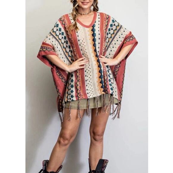 Easel Sweater Poncho Womens Size Medium Boho Indie Oversized Crotcheted - Picture 2 of 9